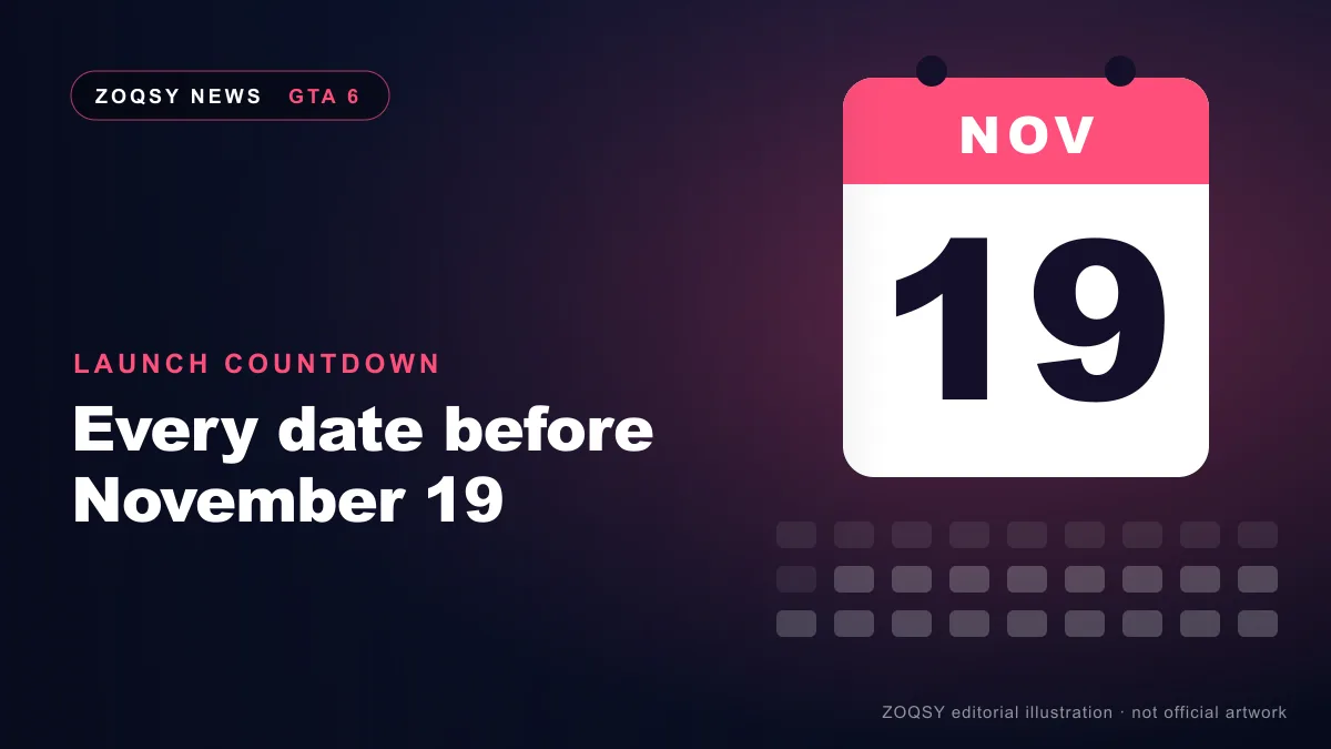 ZOQSY editorial illustration of an abstract calendar countdown with November 19 highlighted — not official GTA VI artwork
