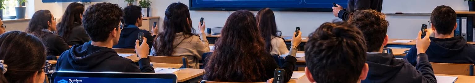 Des élèves en classe répondent à un défi ALPHA à l'aide de leur télécommande.