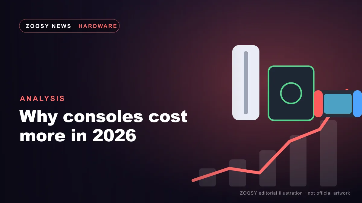 ZOQSY editorial illustration of three abstract console silhouettes beside a rising price chart — not images of real products