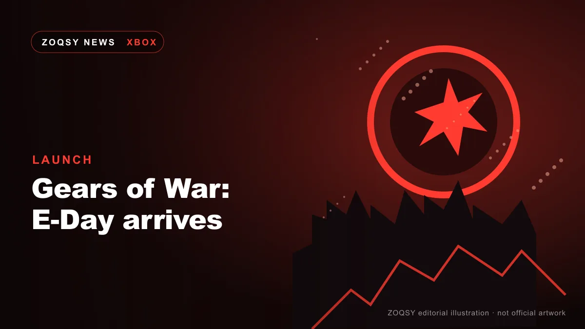 ZOQSY editorial illustration of a cracked red emblem over a dark ruined skyline — not official Gears of War artwork