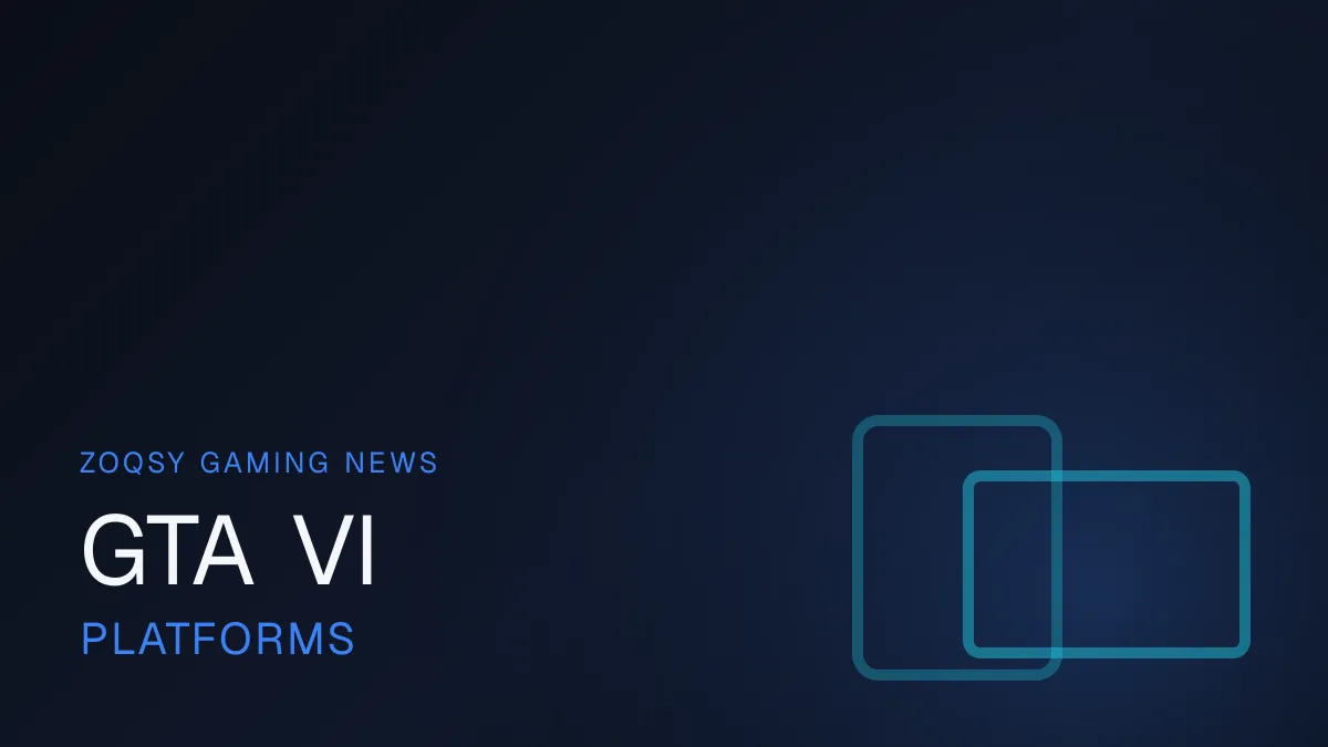 ZOQSY editorial graphic about GTA VI platforms — PS5, Xbox Series X|S and PC status