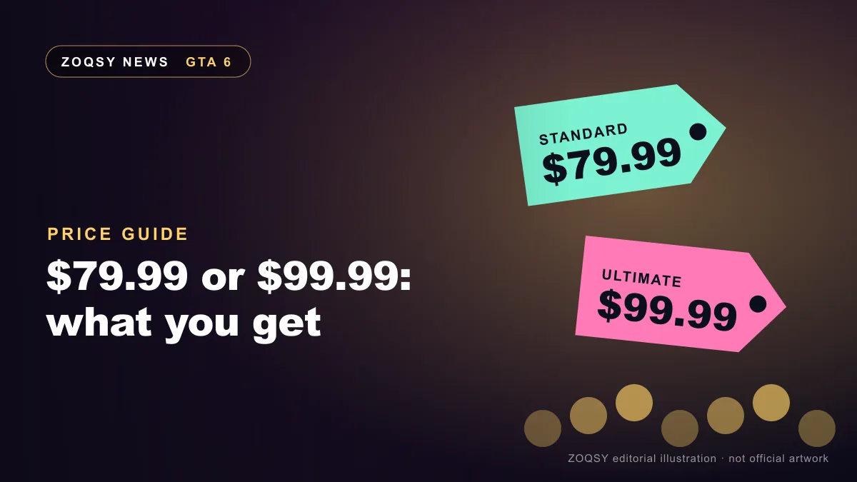 ZOQSY editorial illustration of two abstract price tags reading $79.99 and $99.99 — not official GTA VI artwork