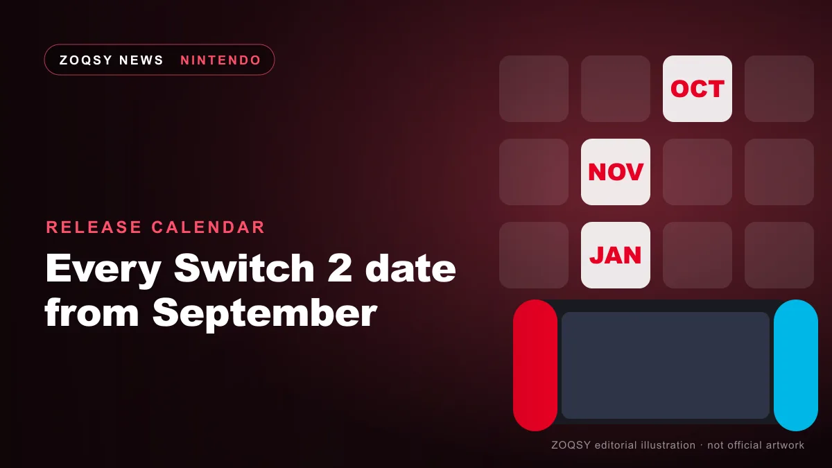 ZOQSY editorial illustration of an abstract handheld silhouette surrounded by calendar tiles — not official Nintendo artwork