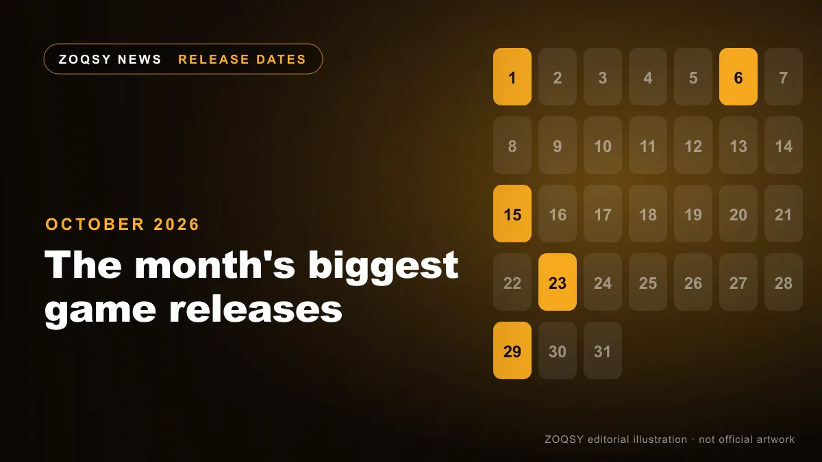 ZOQSY editorial illustration of an October calendar grid with highlighted dates — not official artwork for any game