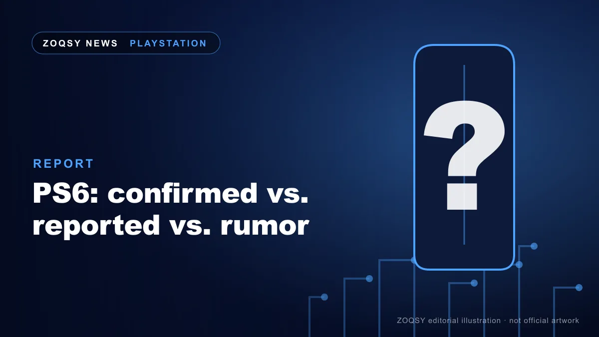 ZOQSY editorial illustration of an abstract silhouette of a future console behind a question mark — not an image of real Sony hardware