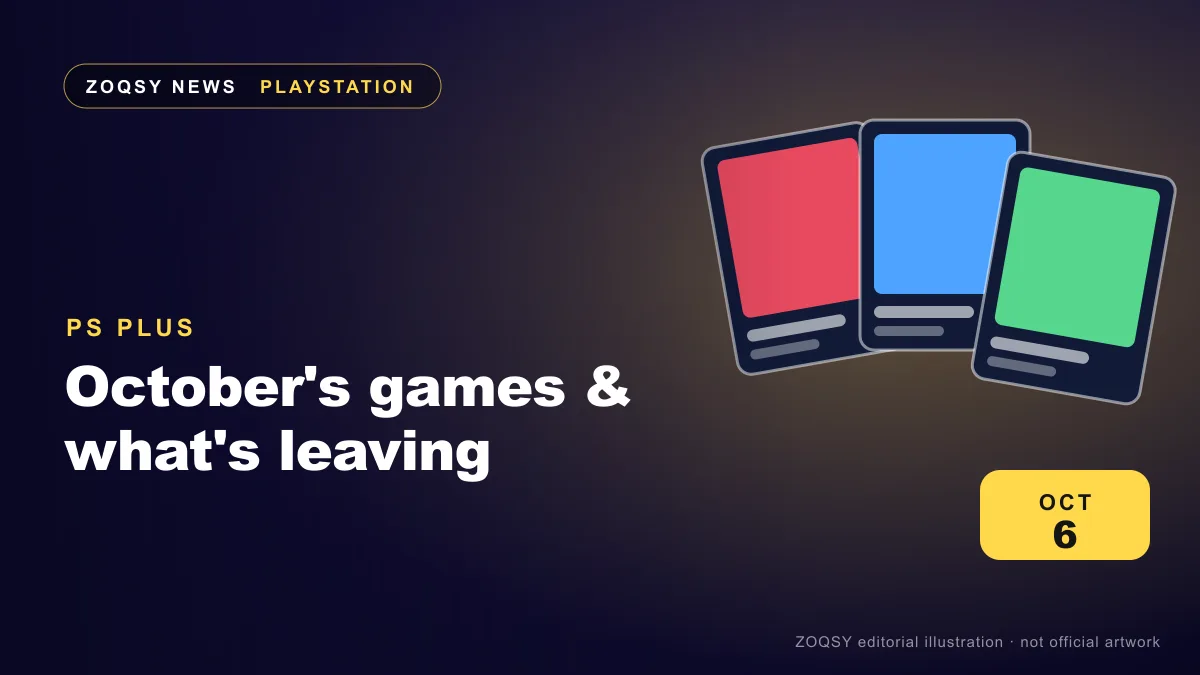 ZOQSY editorial illustration of three abstract game cases and a calendar marked October 6 — not official PlayStation artwork