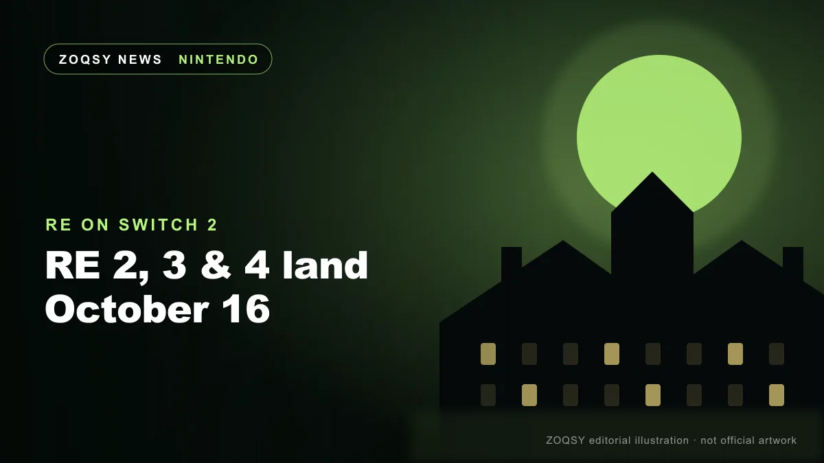 ZOQSY editorial illustration of an abstract mansion silhouette under a green moon — not official Resident Evil artwork
